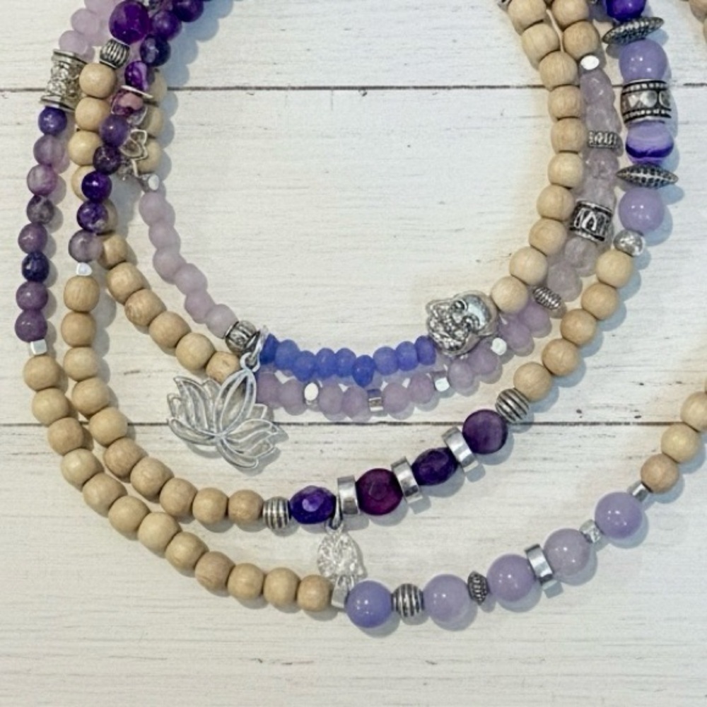 Purple Agate & Quartz Wrap Bracelet | Lotus Buddha Mala Necklace